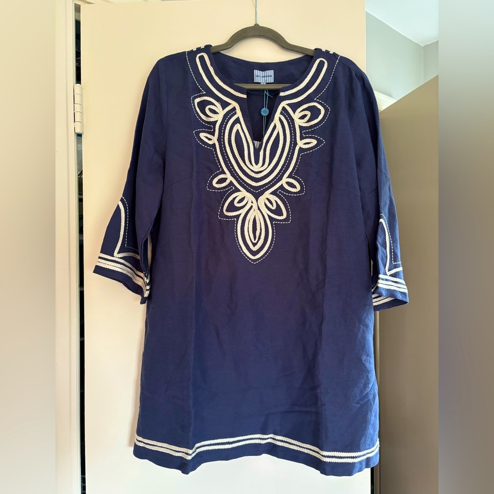 Gorgeous tunic/dress by Les Canabiers of St. Tropez. Navy w/white soutache.